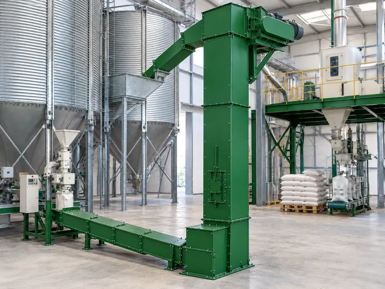 Green bucket elevator with an enclosed lower conveyor beside indoor grain storage silos