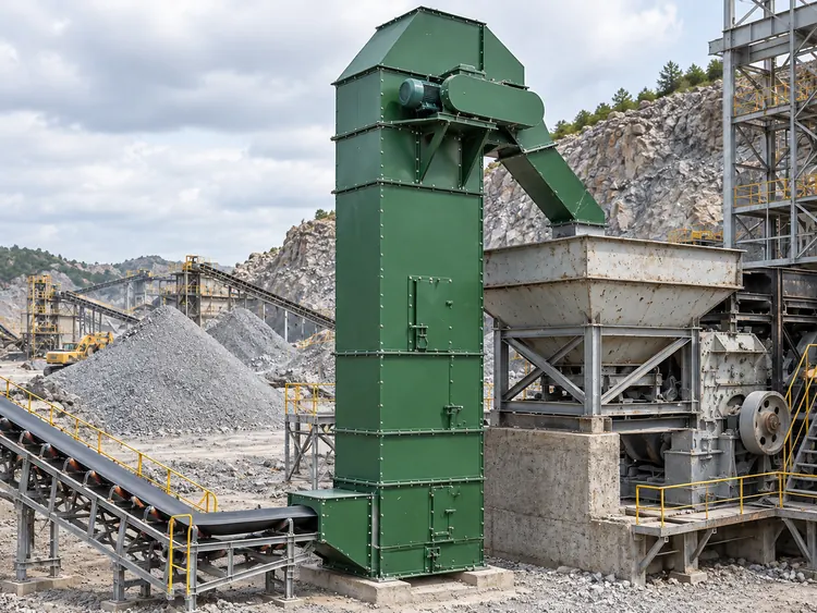 Green bucket elevator connected to a feed conveyor and receiving hopper in a quarry