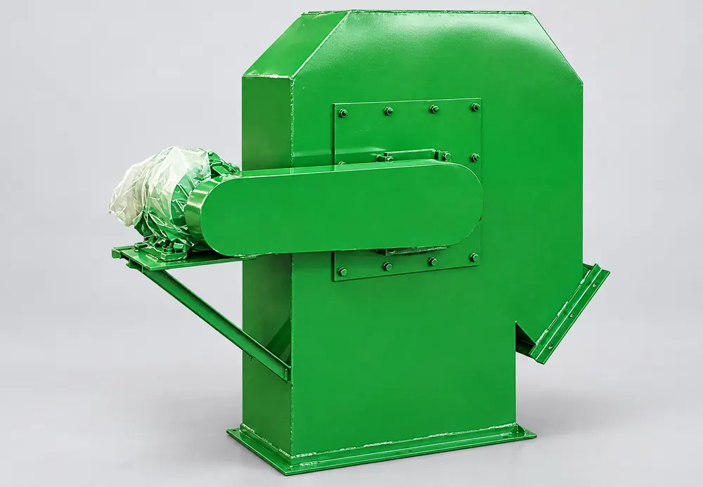 Green bucket elevator housing with covered side drive, motor bracket and bolted access panel