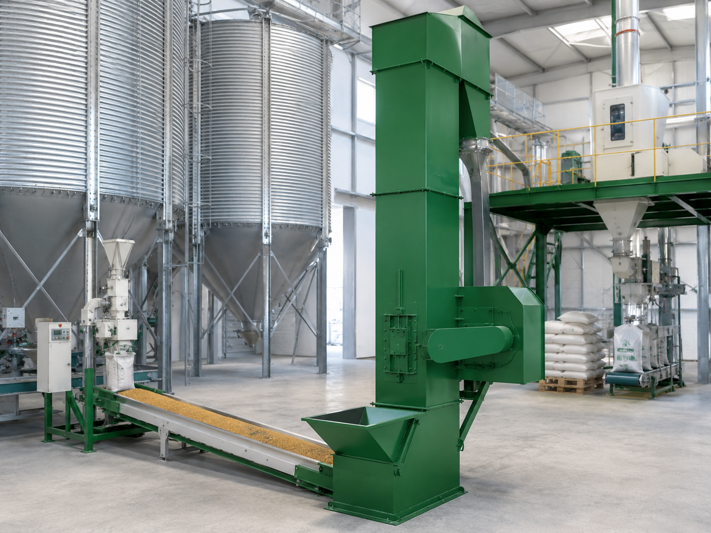 TD type bucket elevator for grain lifting, light bulk material conveying, storage silo feeding, and packing system transfer