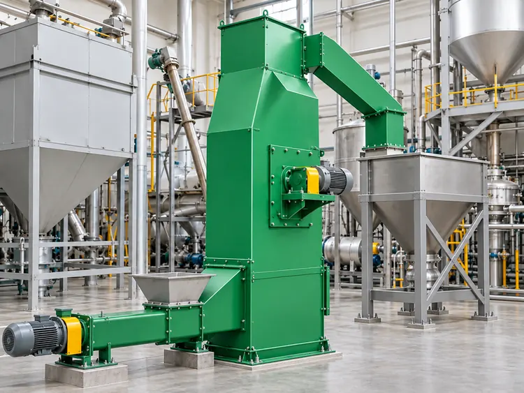 Green bucket elevator with an enclosed screw feeder and discharge chute in an industrial processing hall