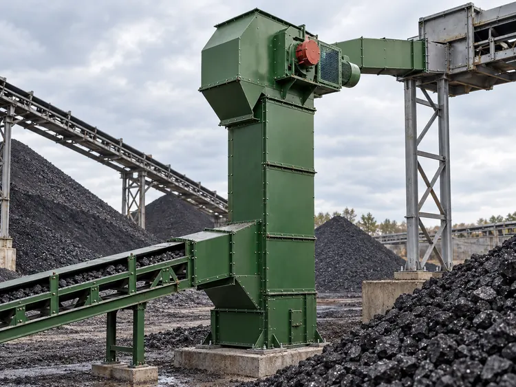 Green enclosed bucket elevator connected to conveyors beside outdoor coal stockpiles