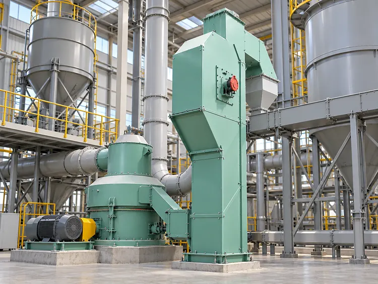Pale green bucket elevator beside grinding equipment and storage vessels in an indoor plant illustration