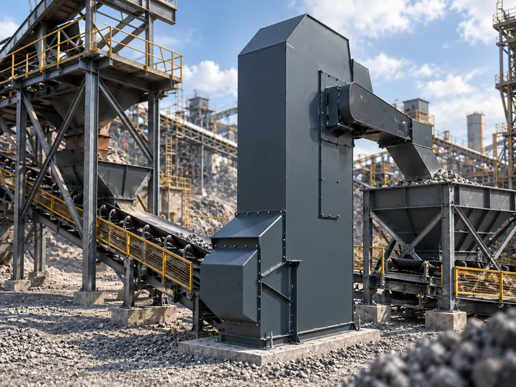 Dark gray bucket elevator with conveyors and a receiving hopper in a mineral processing illustration