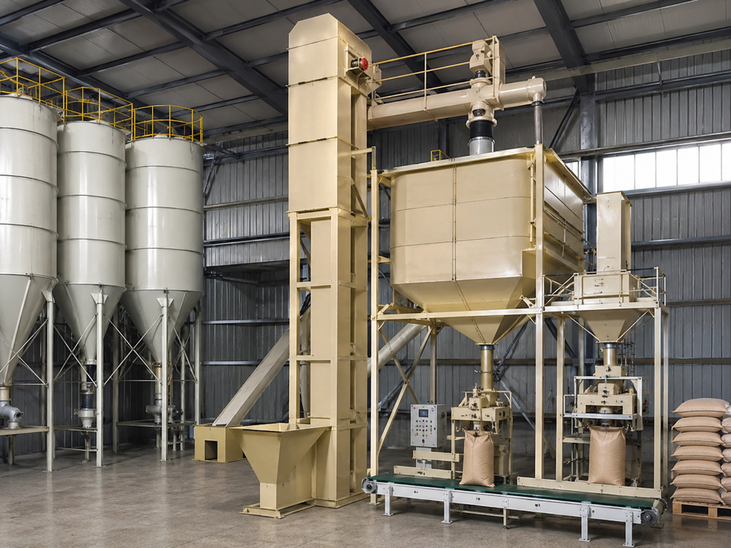 TH bucket elevator for storage silo feeding, industrial transfer systems, packing systems, and vertical material lifting