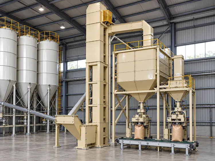 Beige bucket elevator beside indoor storage silos, a hopper and bagging equipment