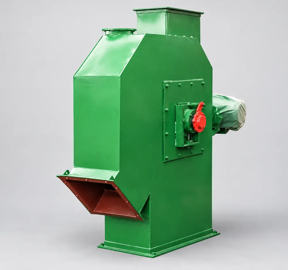 Green bucket elevator housing with bolted access panel, side drive and lower chute