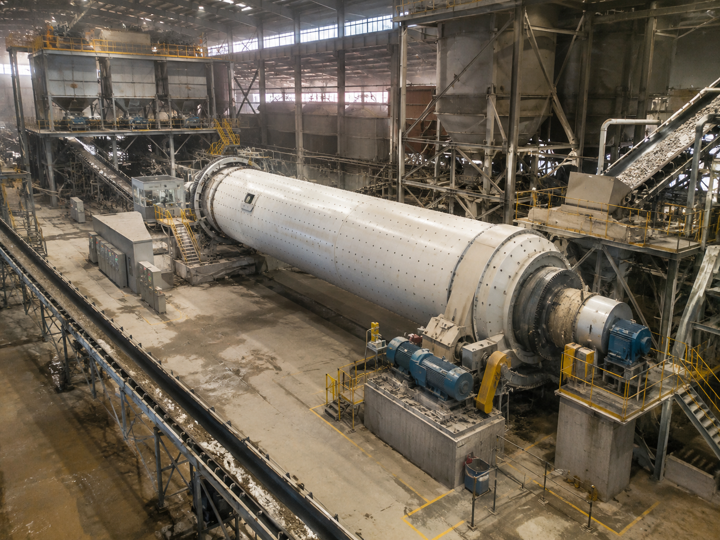 Tube mill for large-scale continuous grinding systems, high capacity powder production, and uniform particle size control