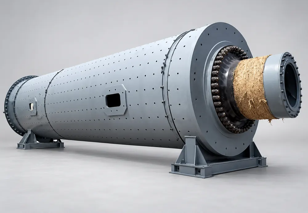 Long gray tube mill drum with liner bolt holes, side access openings and a wrapped end journal