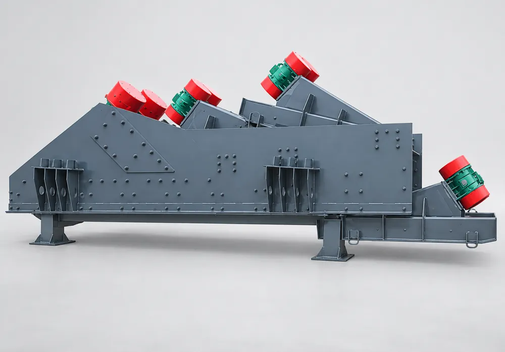 Gray industrial vibrating equipment with bolted side panels and green motors with red covers