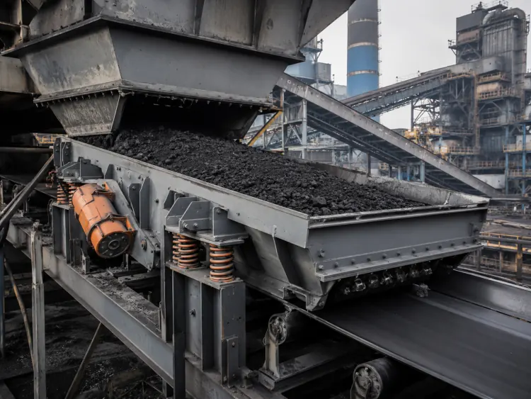Gray spring-mounted feeder transferring dark bulk material onto a belt conveyor
