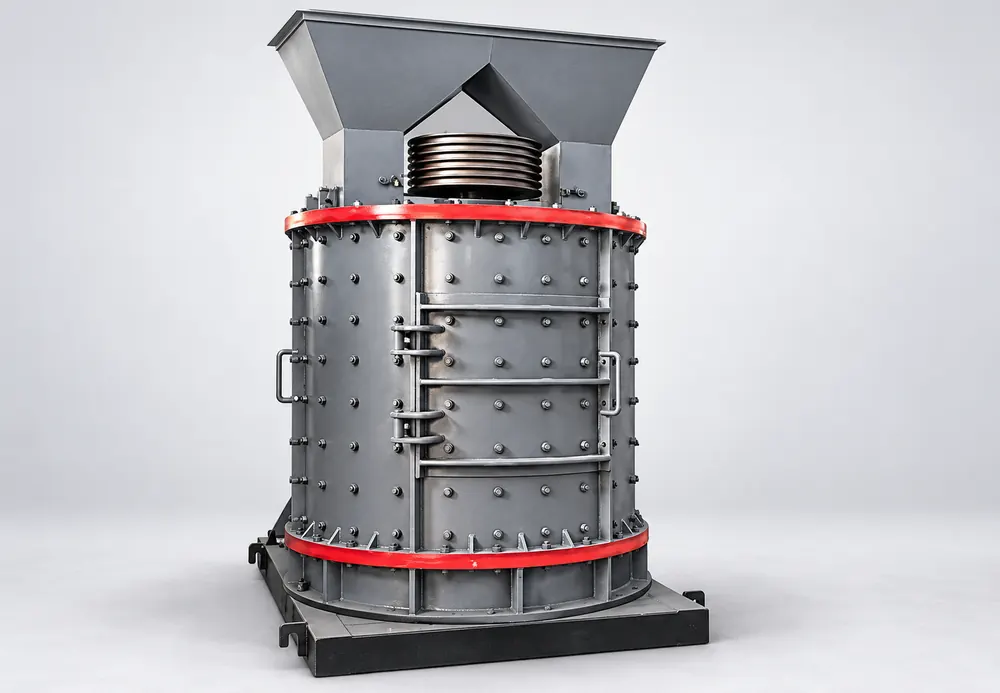 Gray cylindrical crusher with red flange rings, bolted access door, and rectangular top hopper