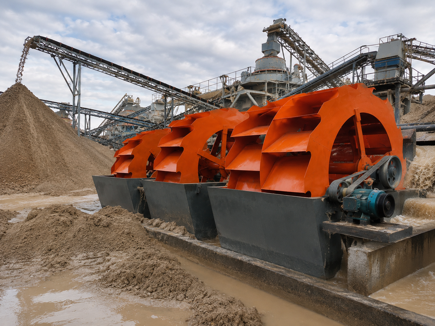 Wheel sand washer for manufactured sand cleaning, construction aggregate plants, mud removal, and sand grading