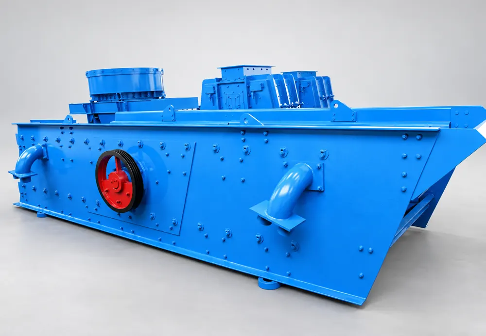 Blue vibrating screen with bolted side panels, a red side pulley, and blue upper housings