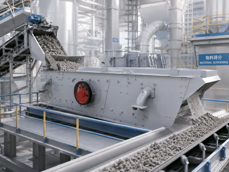 Light gray vibrating screen with a red side pulley beside conveyors inside an industrial plant