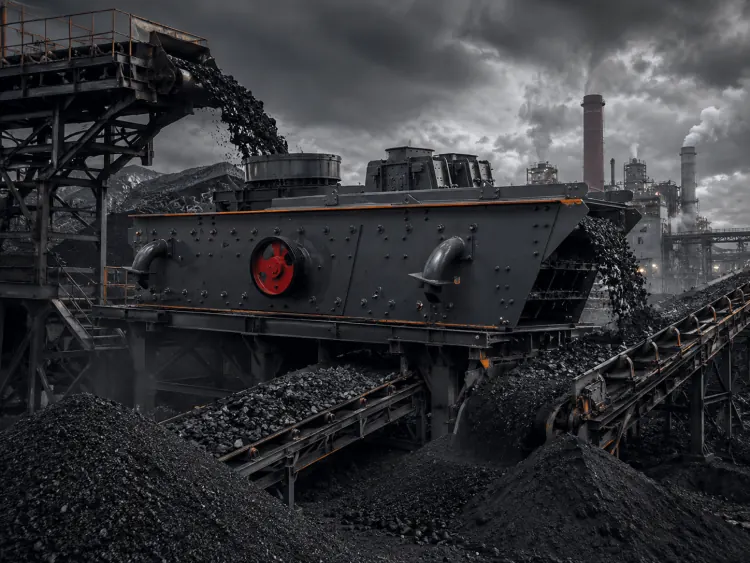 Dark gray vibrating screen with a red side pulley handling black material beside conveyors