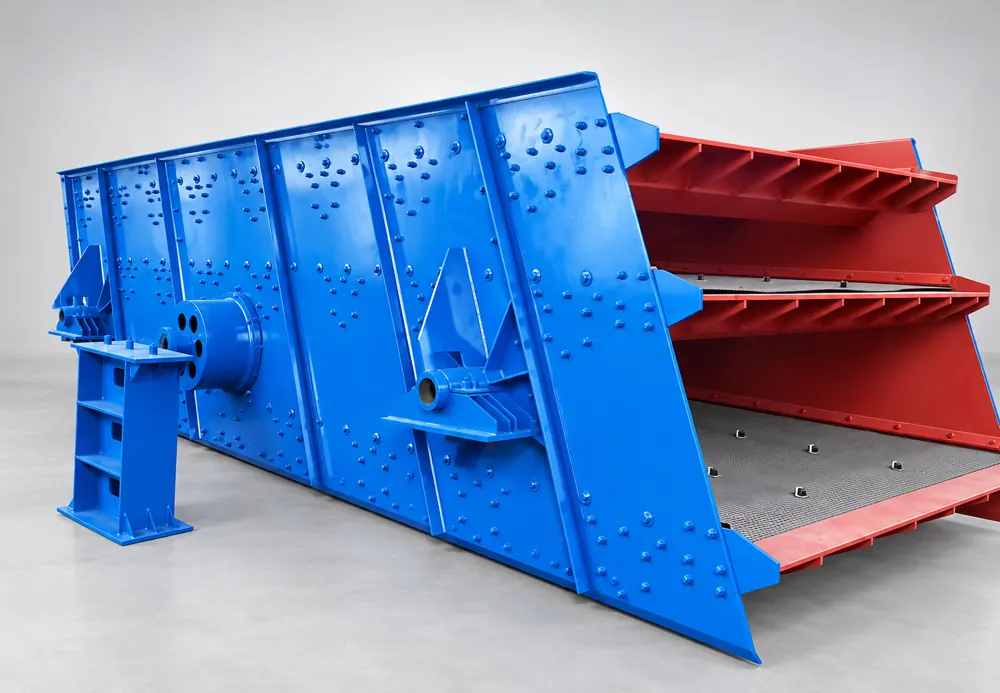 Blue multi-deck vibrating screen with reinforced bolted sidewalls and red screening sections
