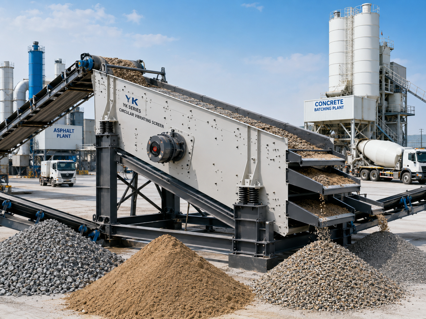 YK series circular vibrating screen for aggregate screening, concrete production, asphalt aggregates, and road base materials