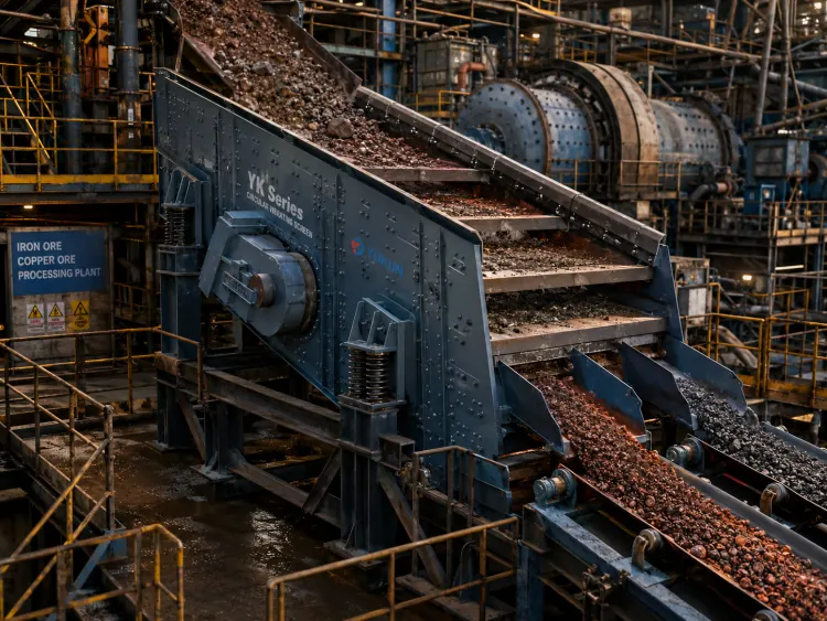 Dark gray multi-deck screen handling reddish rock inside a mineral processing plant