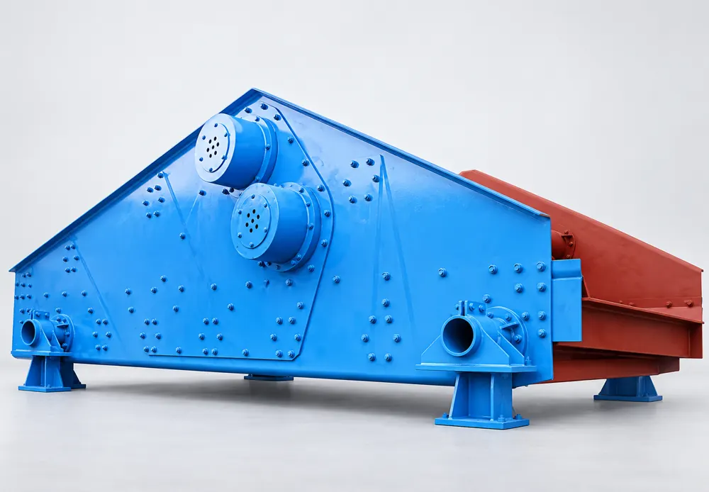 Blue vibrating screen with bolted side panels, circular drive housings, and a red screening section