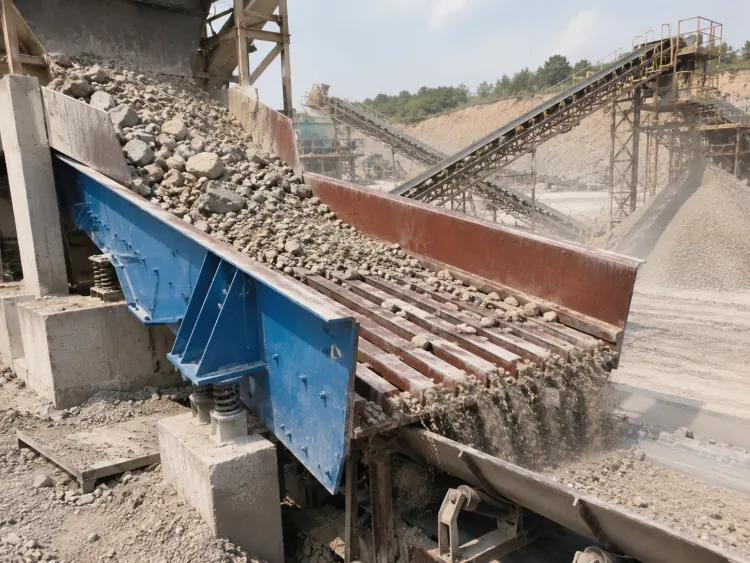 Blue grizzly vibrating feeder with mixed aggregate flowing across exposed bars