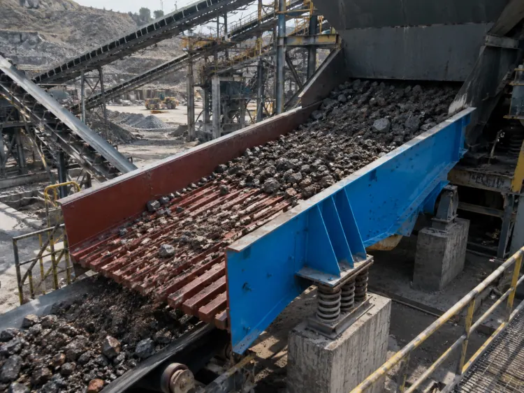 Blue vibrating feeder carrying gray rock over grizzly bars at a mining plant