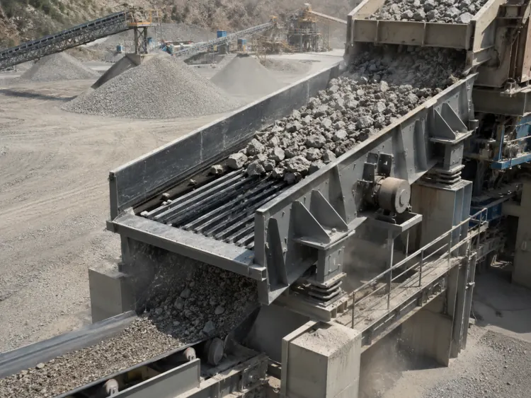 Gray grizzly feeder carrying aggregate beneath a hopper beside a belt conveyor