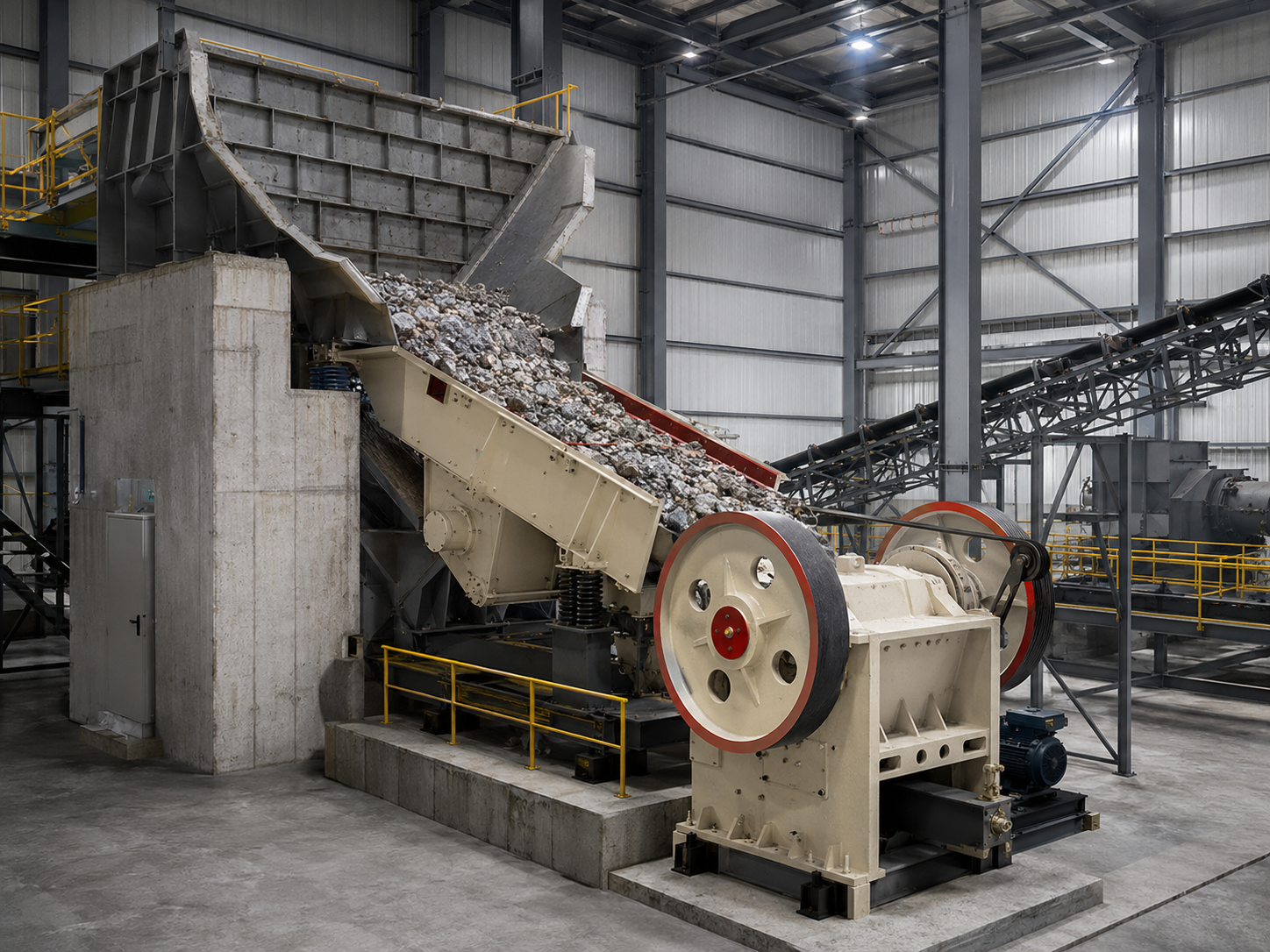 Vibrating feeder and jaw crusher primary crushing section for quartzite production line