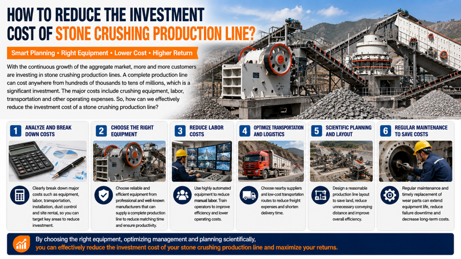 Stone crushing production line with optimized equipment layout for lower investment cost