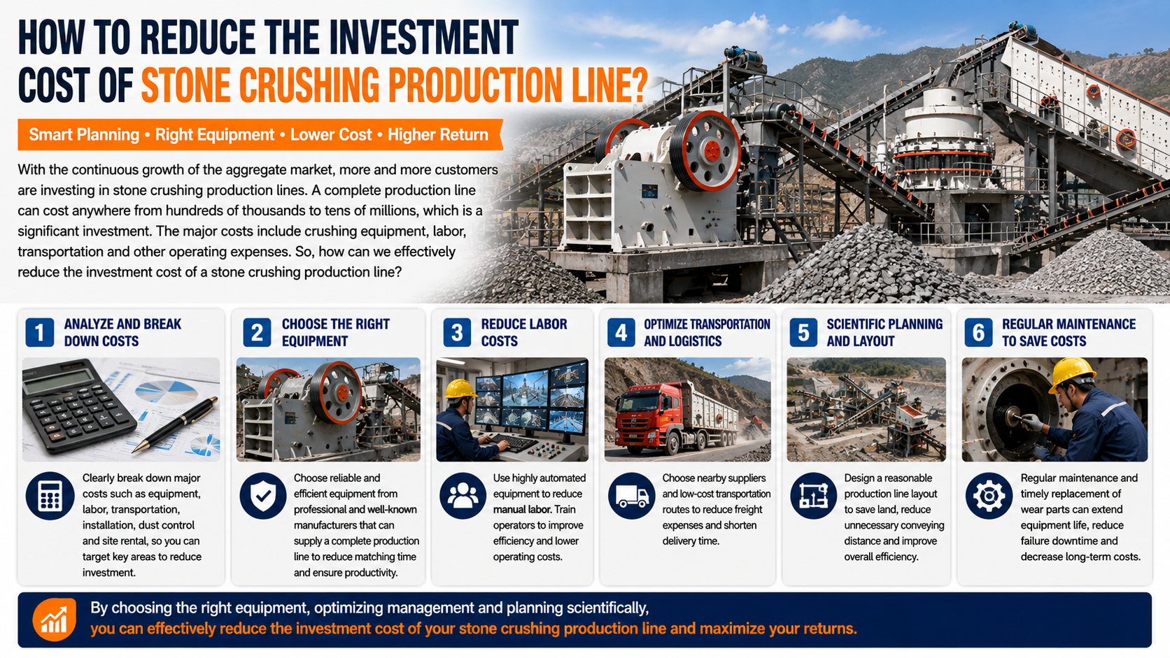 Stone crushing production line with optimized equipment layout for lower investment cost