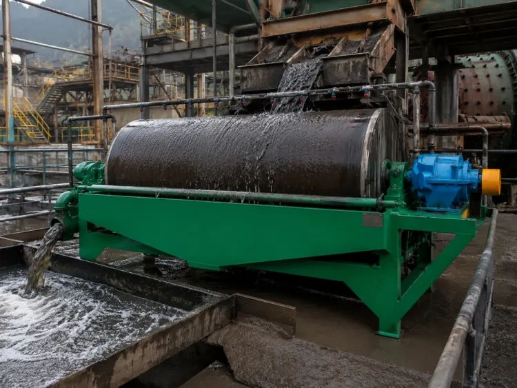 Green drum magnetic separator with a blue drive unit above a slurry collection channel
