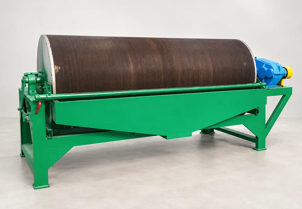 CTB magnetic separator with a dark cylindrical drum, green support frame, and blue drive unit