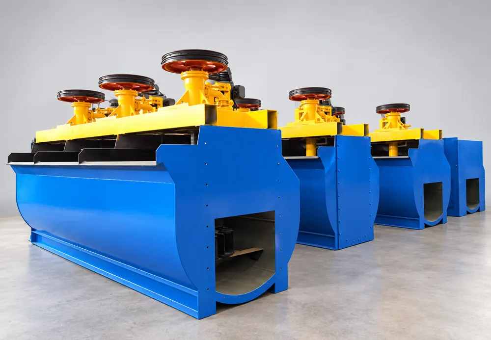Blue KYF flotation machines with yellow upper beams and circular drive assemblies