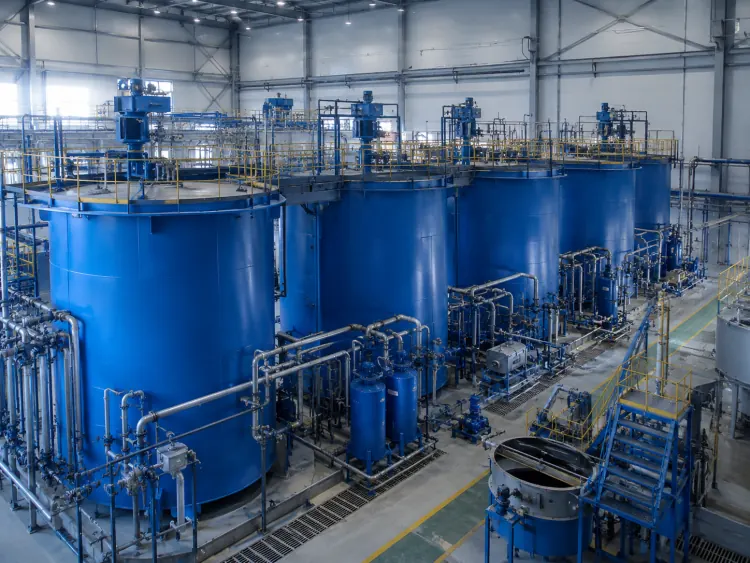 Blue leaching tanks with overhead platforms, motors, and pipework inside an industrial building