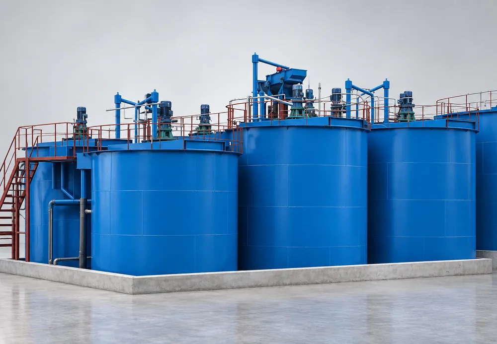 Blue leaching agitation tanks with top-mounted motors and access platforms