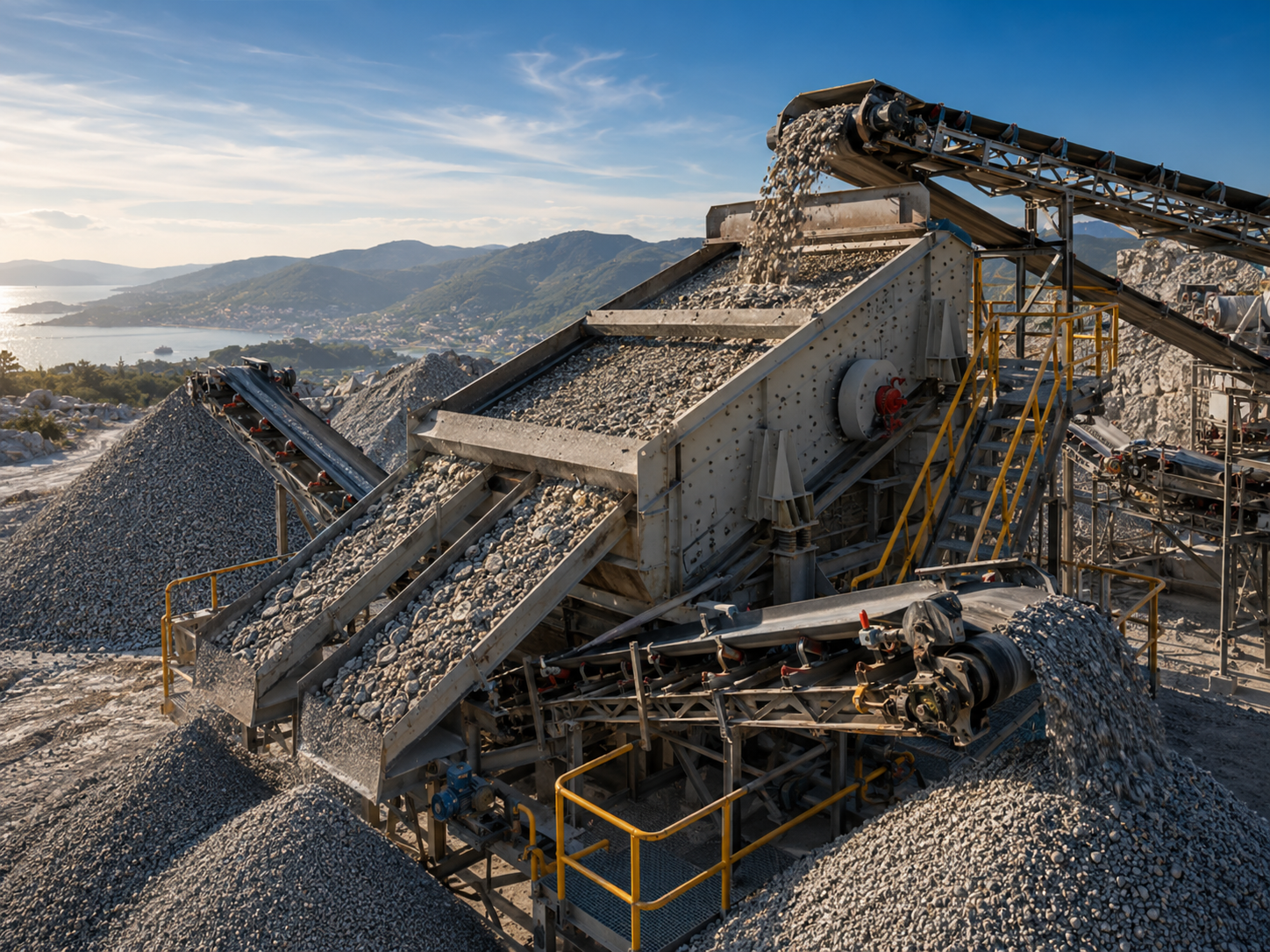 Vibrating screen section of granite crushing production line in Pontevedra Spain