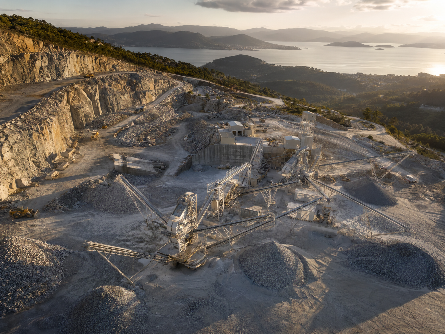 Whole plant overview of 450 TPH granite crushing production line in Pontevedra Spain