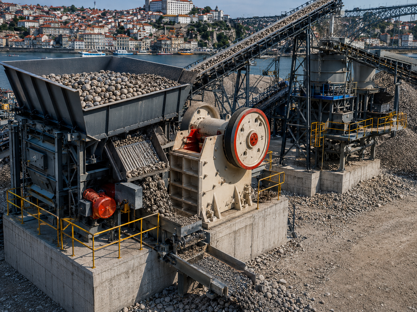 Vibrating feeder and jaw crusher primary crushing section of pebble production line