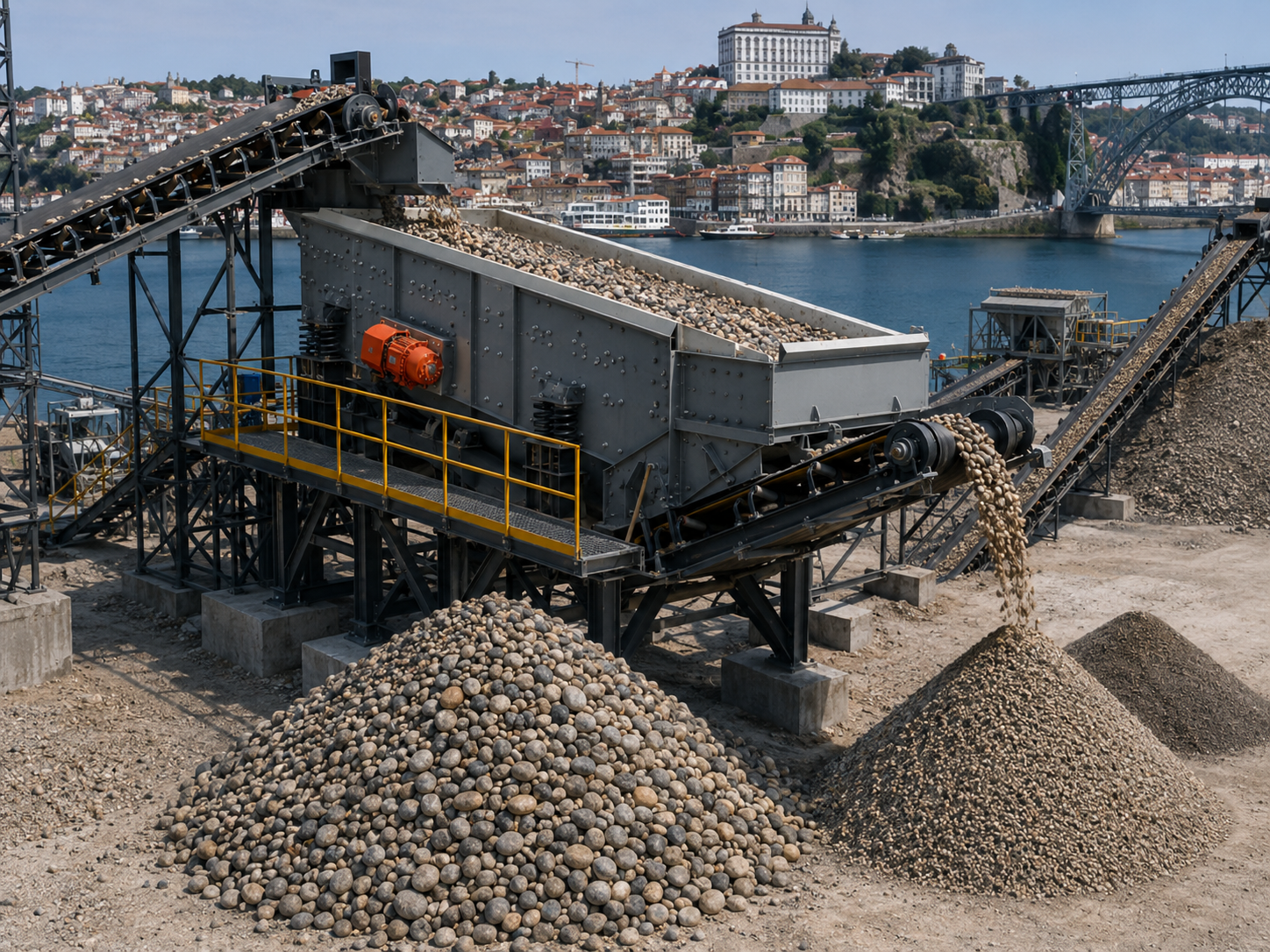 Vibrating screen screening section of pebble crushing production line in Porto