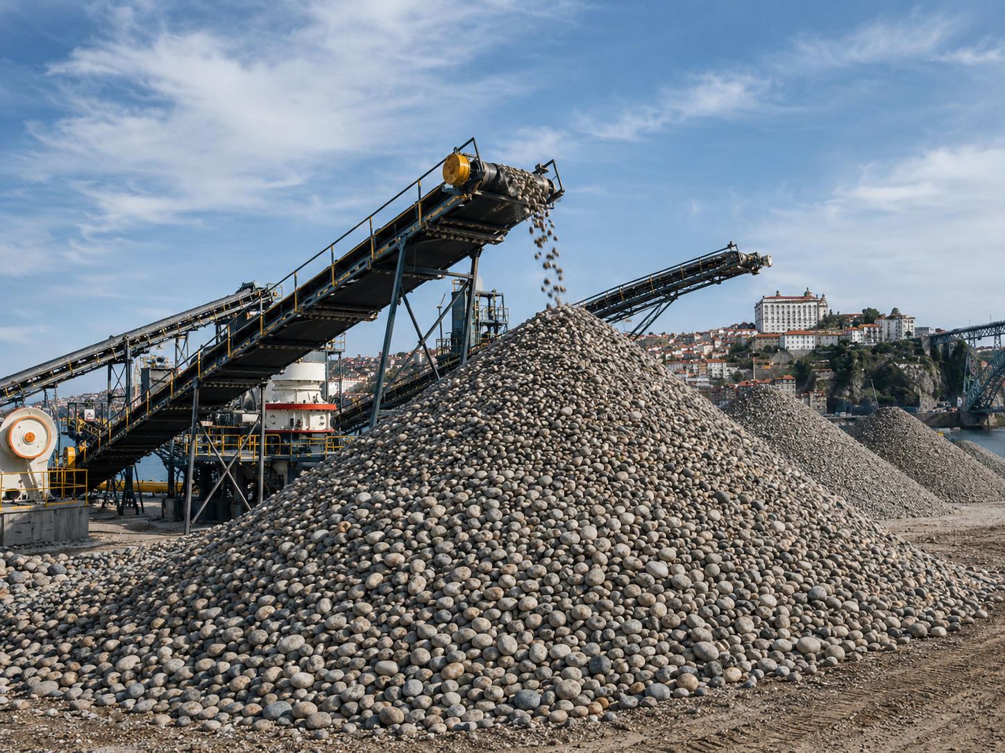 Conveyor and stockpile section of pebble crushing production line in Porto Portugal
