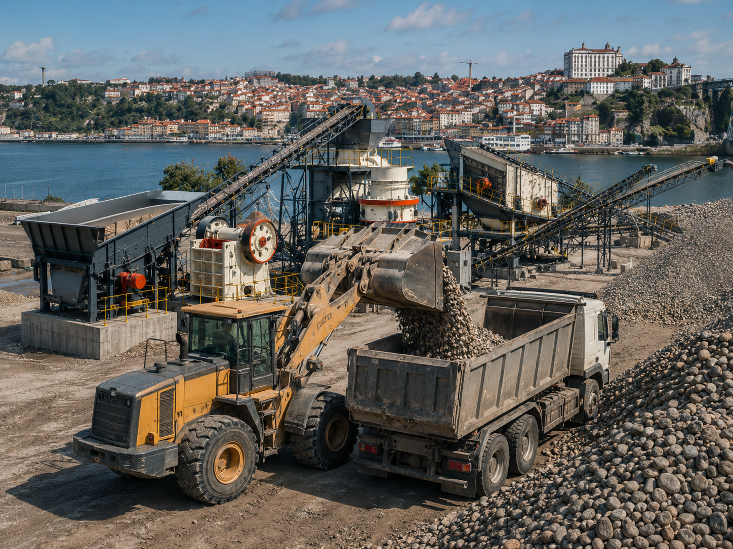 Loader loading finished pebble aggregates in Porto Portugal crushing plant