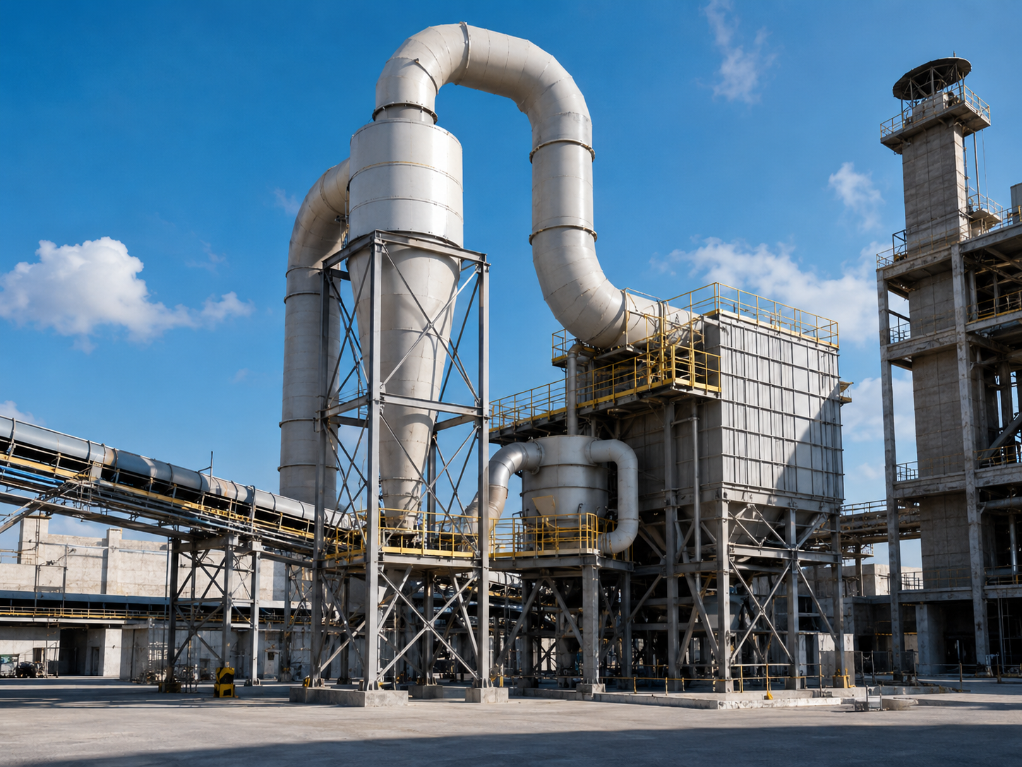 Cyclone dust collector and finished discharge section of rotary drum dryer line