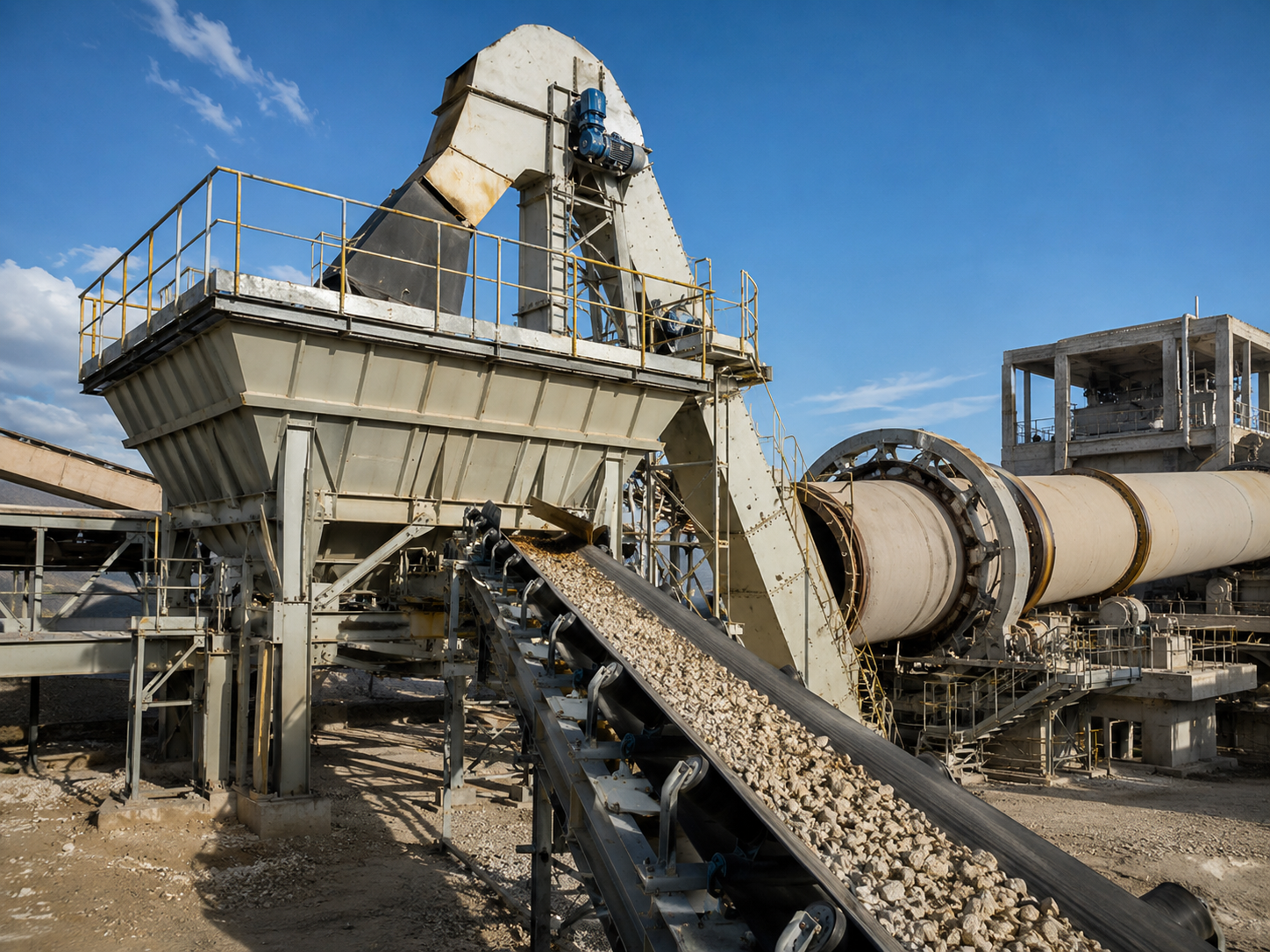 Feed hopper and belt conveyor for rotary drum dryer line in Verona Italy