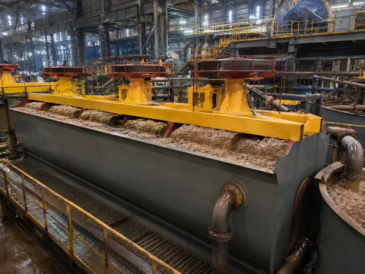 Gray flotation cell containing frothy slurry beneath yellow drive supports in a processing plant