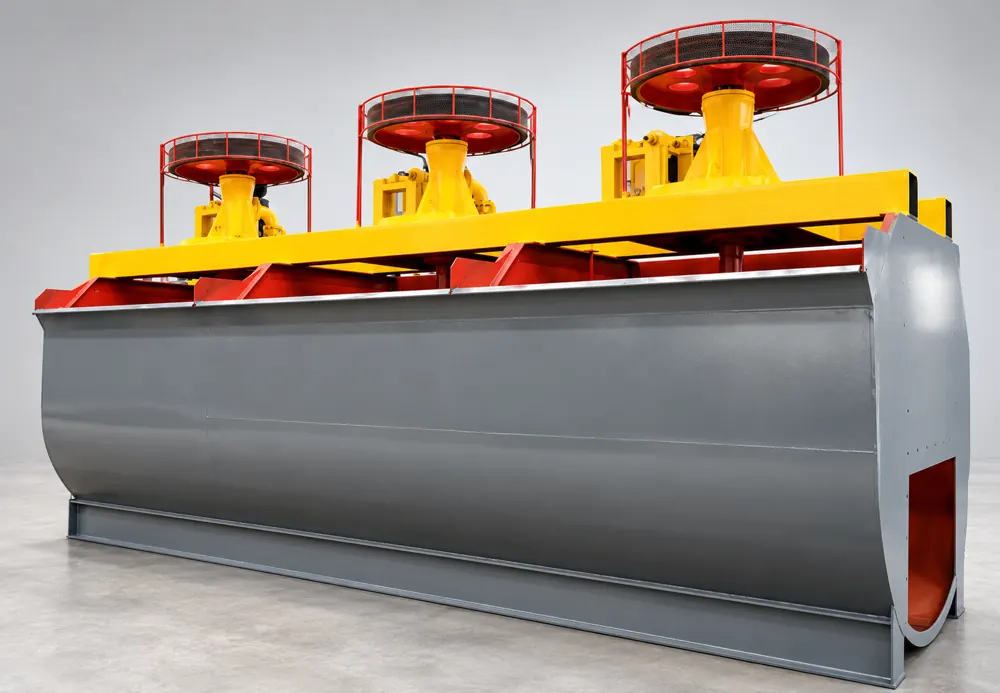 Gray XCF flotation machine with yellow supports and three red circular drive guards